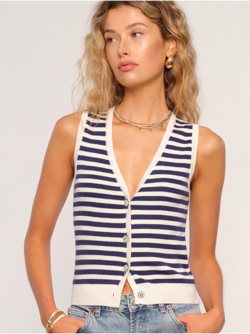 Heartloom new without tags navy and White Striped Knit Button Vest